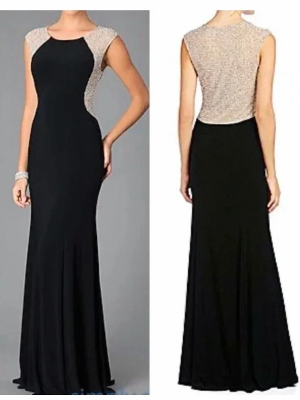 Elegant Xscape Black Gown with Sparkling Gold Bodice size 12